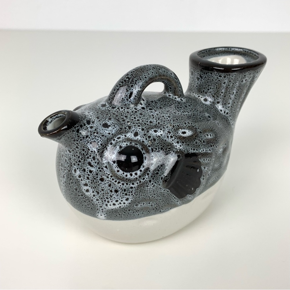 PufferFish Fugu Pottery Tea Sake Bottle Pot Vtg Japan MCI Gray Speckled Vase